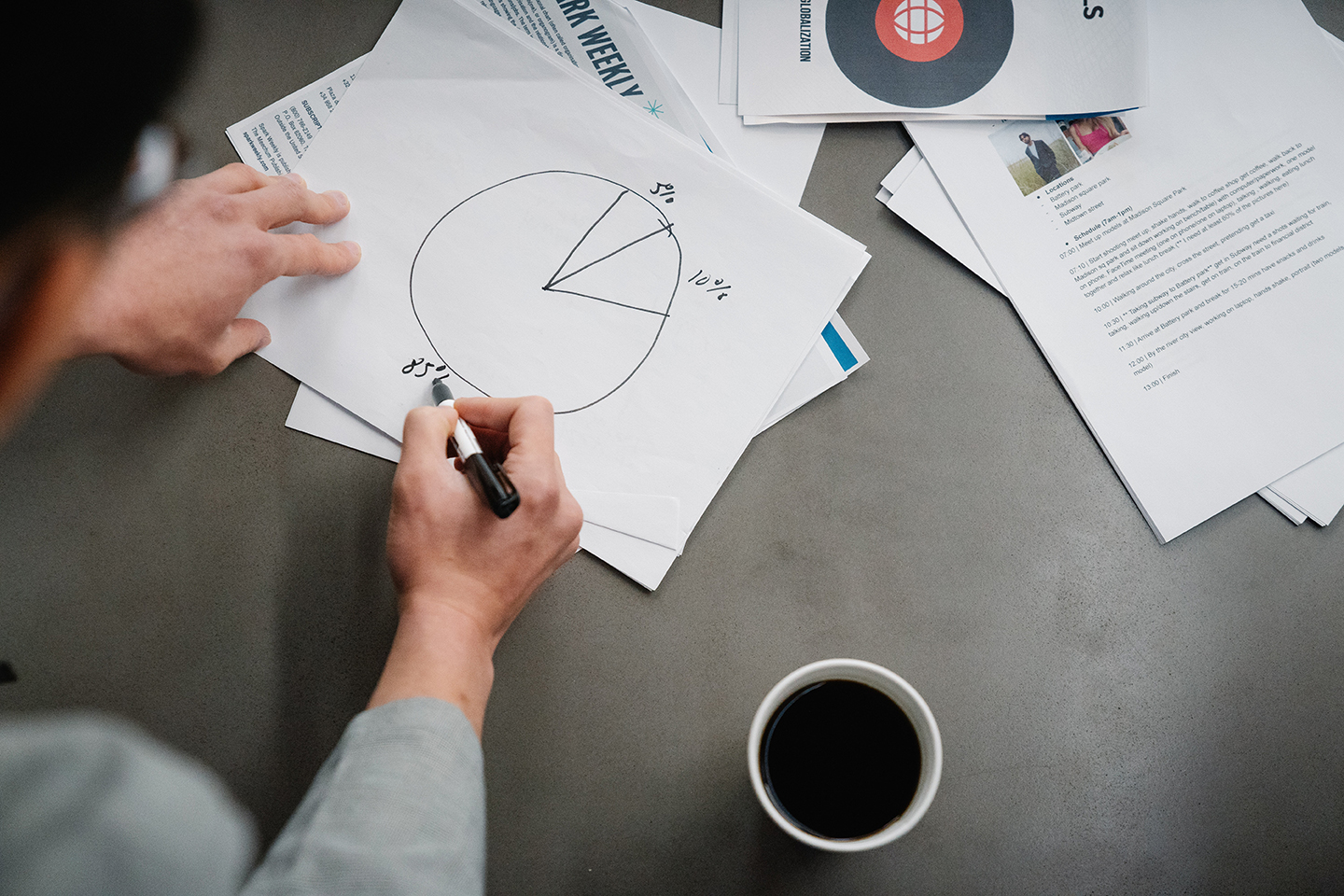 image of a person sitting down drawing a pie chart with a black marker onto a white piece of paper