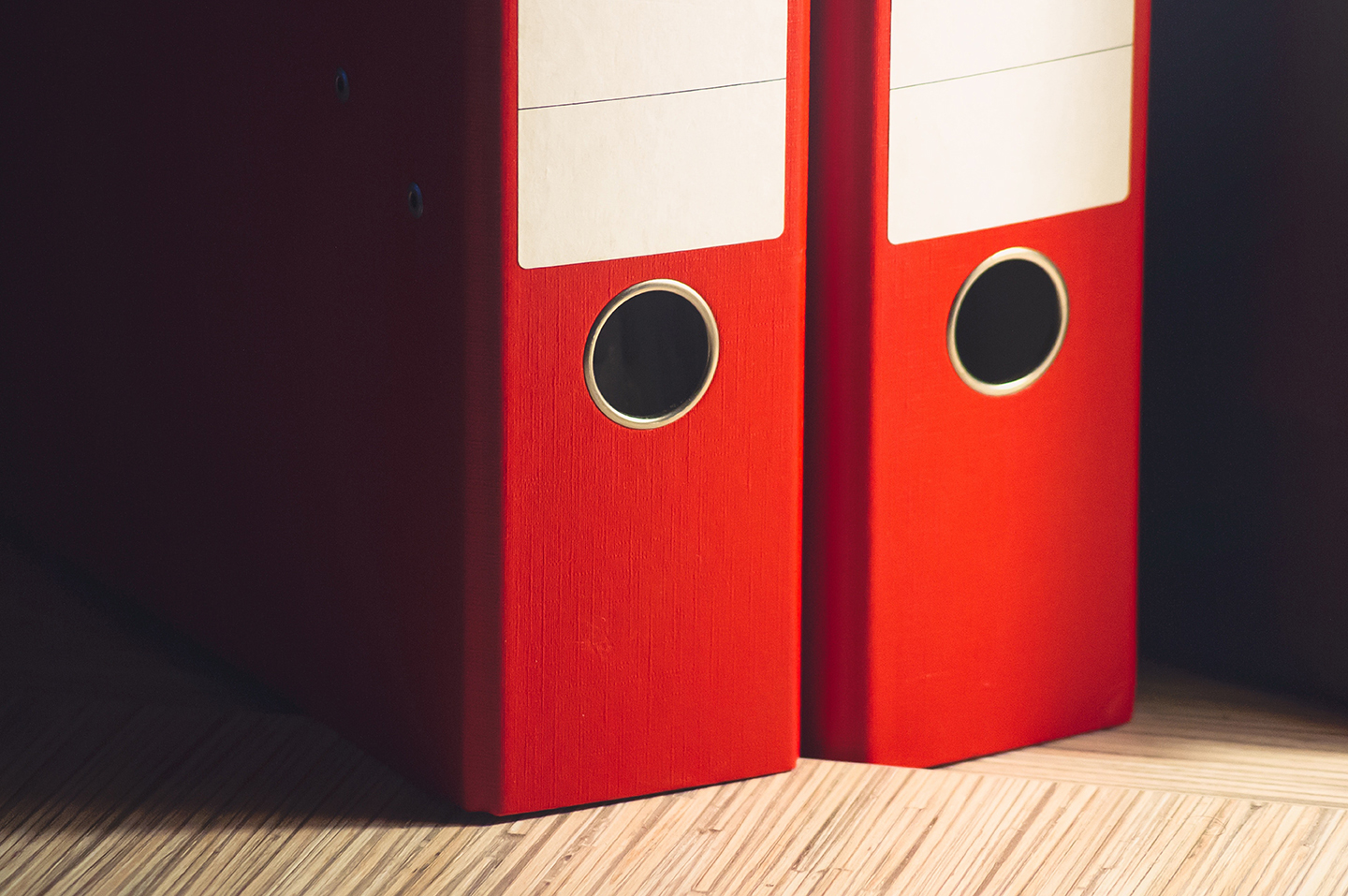 photo of the spines of two red binders