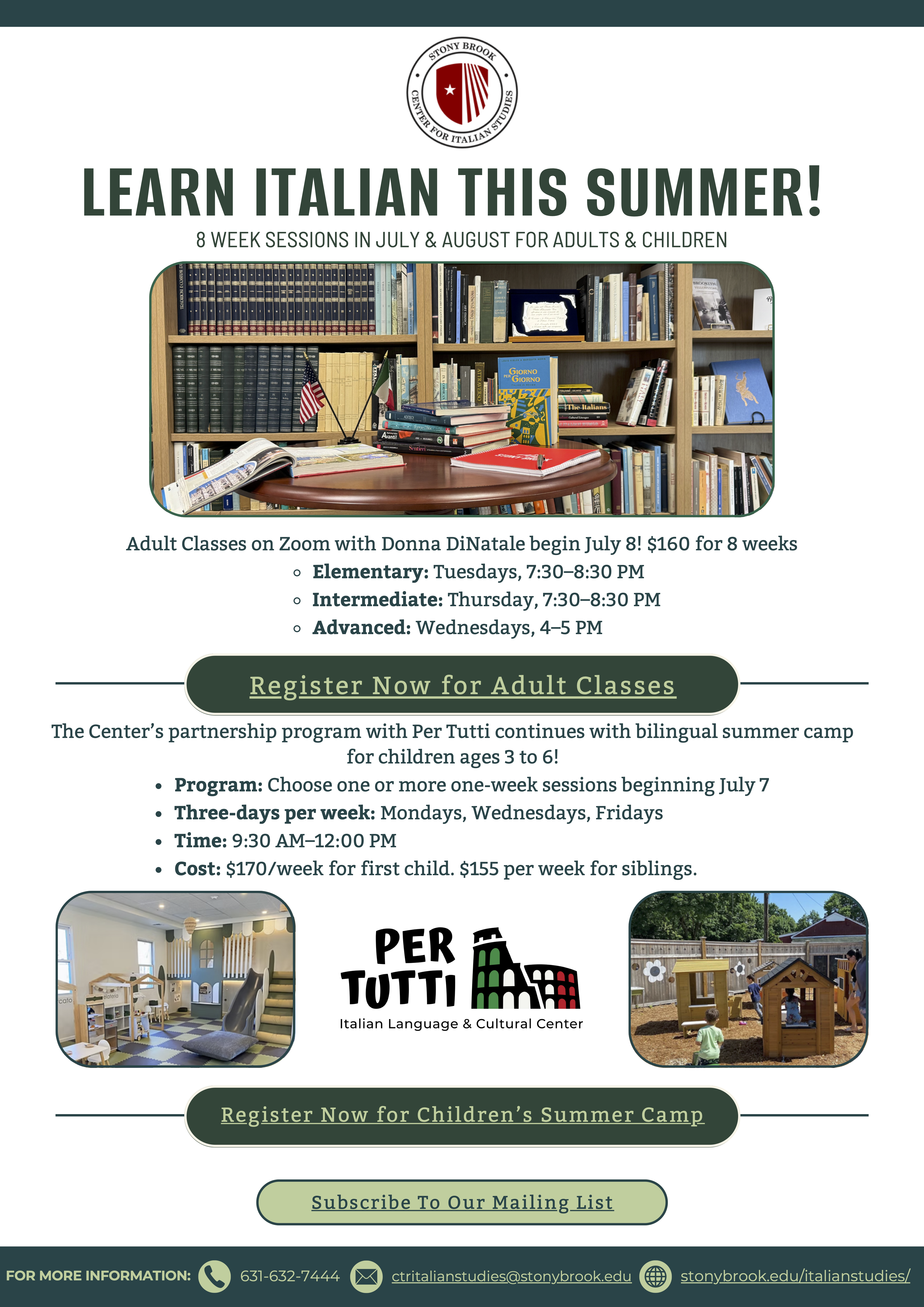 a flyer containing information on italian classes for summer 2025; information contained is the same as what's on the site