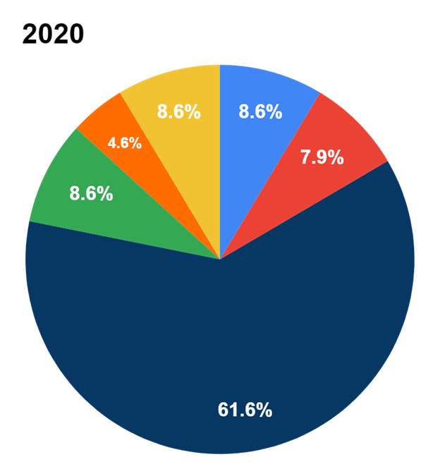 2020 Allegations Pie Chart- Relationship Violence 8.6%; Gender Discrimination 7.9%; Sexual Harassment 61.6%; Sexual Violence 8.6%; Stalking 4.6%; Not Related to Sexual Misconduct 8.6%