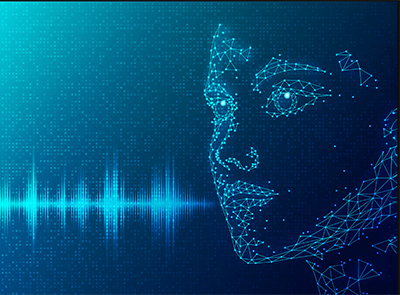 Illustration of a stylized face made up of mathematical shapes with soundwaves coming out of its mouth