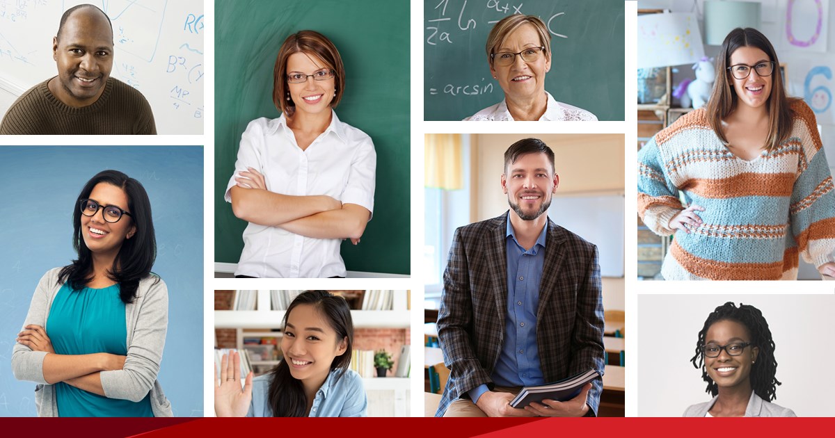 Several pictures of smiling teachers, SBU Branding on the bottom