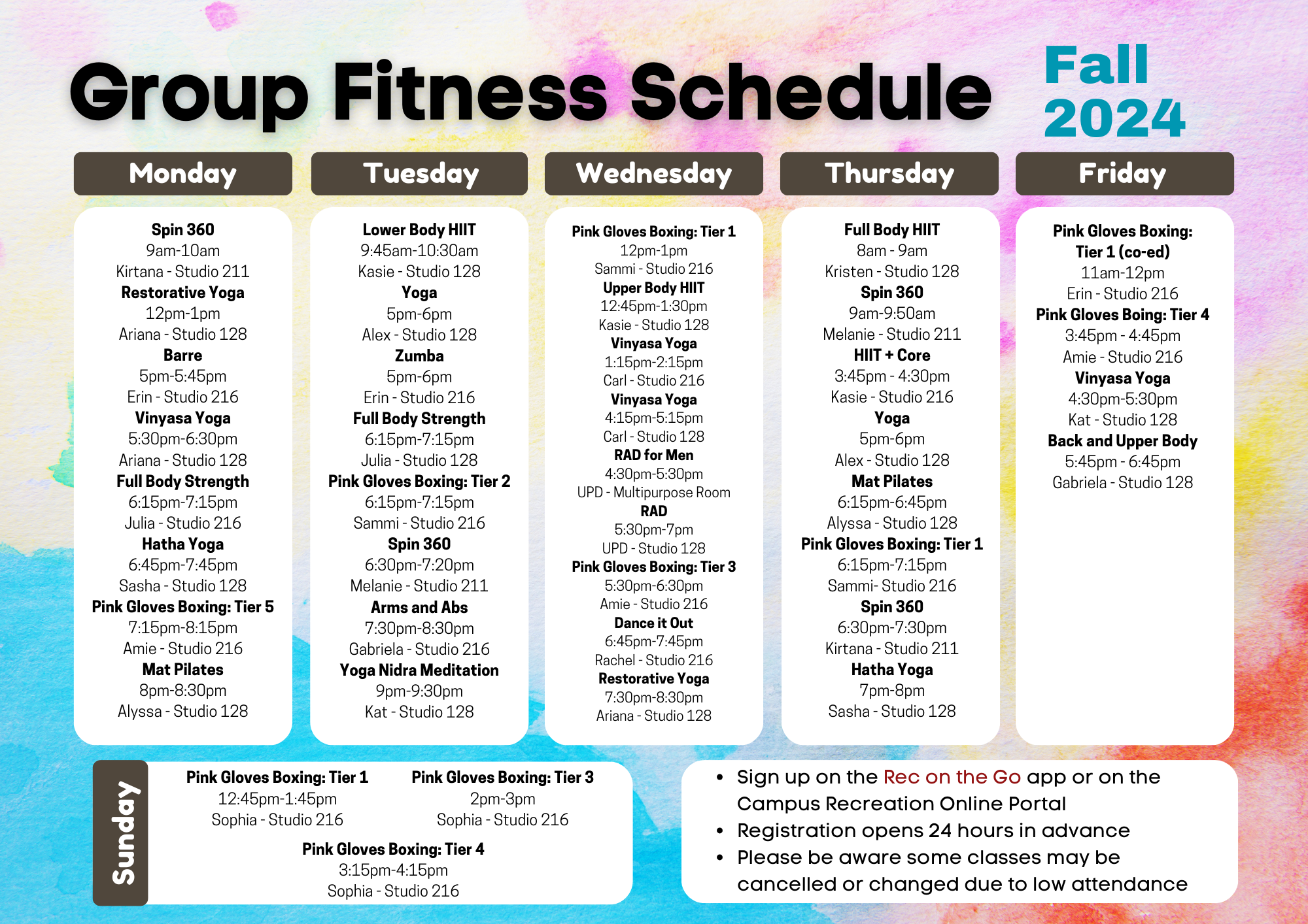 Fall 24 group fitness schedule